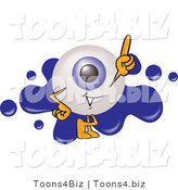 Illustration of a Eyeball Mascot Pointing Upwards and Standing in Front of a Blue Paint Splatter on a Logo by Mascot Junction