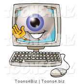 Illustration of a Eyeball Mascot Waving from Inside a Computer Screen by Mascot Junction