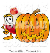 Illustration of a Fishing Bobber Mascot with a Carved Halloween Pumpkin by Mascot Junction