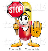 Illustration of a Medical Pill Capsule Mascot Holding a Stop Sign by Mascot Junction