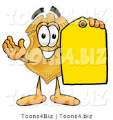 Illustration of a Police Badge Mascot Holding a Blank Yellow Price Tag for a Sale by Mascot Junction