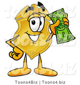 Illustration of a Police Badge Mascot Holding a Dollar Bill by Mascot Junction