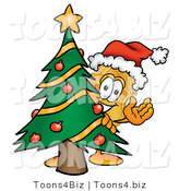 Illustration of a Police Badge Mascot Waving and Standing by a Decorated Christmas Tree by Mascot Junction