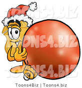 Illustration of a Police Badge Mascot Wearing a Santa Hat, Standing with a Christmas Bauble by Mascot Junction