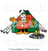 Illustration of a Red Cartoon Telephone Mascot Camping with a Tent and Fire by Toons4Biz