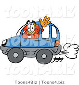 Illustration of a Red Cartoon Telephone Mascot Driving a Blue Car and Waving by Mascot Junction