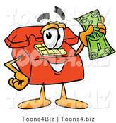 Illustration of a Red Cartoon Telephone Mascot Holding a Dollar Bill by Mascot Junction