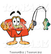 Illustration of a Red Cartoon Telephone Mascot Holding a Fish on a Fishing Pole by Toons4Biz