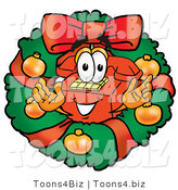 Illustration of a Red Cartoon Telephone Mascot in the Center of a Christmas Wreath by Mascot Junction