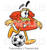 Illustration of a Red Cartoon Telephone Mascot Kicking a Soccer Ball by Mascot Junction