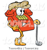 Illustration of a Red Cartoon Telephone Mascot Leaning on a Golf Club While Golfing by Mascot Junction