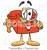 Illustration of a Red Cartoon Telephone Mascot Looking Through a Magnifying Glass by Toons4Biz