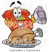 Illustration of a Red Cartoon Telephone Mascot Serving a Thanksgiving Turkey on a Platter by Mascot Junction