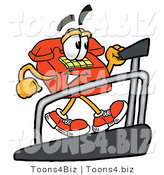 Illustration of a Red Cartoon Telephone Mascot Walking on a Treadmill in a Fitness Gym by Mascot Junction