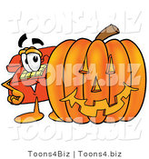 Illustration of a Red Cartoon Telephone Mascot with a Carved Halloween Pumpkin by Mascot Junction