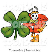 Illustration of a Red Cartoon Telephone Mascot with a Green Four Leaf Clover on St Paddy's or St Patricks Day by Mascot Junction