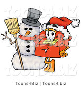 Illustration of a Red Cartoon Telephone Mascot with a Snowman on Christmas by Mascot Junction