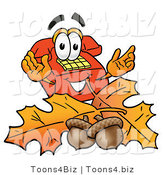 Illustration of a Red Cartoon Telephone Mascot with Autumn Leaves and Acorns in the Fall by Mascot Junction