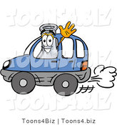 Illustration of a Science Beaker Mascot Driving a Blue Car and Waving by Toons4Biz