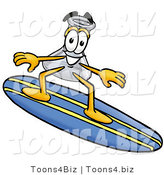 Illustration of a Science Beaker Mascot Surfing on a Blue and Yellow Surfboard by Mascot Junction