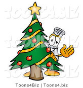 Illustration of a Science Beaker Mascot Waving and Standing by a Decorated Christmas Tree by Mascot Junction