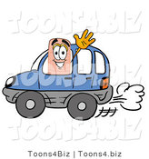 Illustration of an Adhesive Bandage Mascot Driving a Blue Car and Waving by Mascot Junction