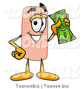 Illustration of an Adhesive Bandage Mascot Holding a Dollar Bill by Mascot Junction