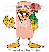 Illustration of an Adhesive Bandage Mascot Holding a Red Rose on Valentines Day by Toons4Biz