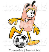 Illustration of an Adhesive Bandage Mascot Kicking a Soccer Ball by Mascot Junction