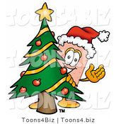 Illustration of an Adhesive Bandage Mascot Waving and Standing by a Decorated Christmas Tree by Mascot Junction