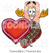 Illustration of an Adhesive Bandage Mascot with an Open Box of Valentines Day Chocolate Candies by Mascot Junction