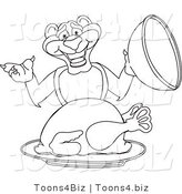 Line Art Vector Illustration of a Cartoon Panther Mascot Serving a Turkey by Mascot Junction