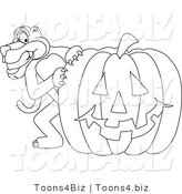 Line Art Vector Illustration of a Cartoon Panther Mascot with a Pumpkin by Mascot Junction
