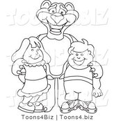 Line Art Vector Illustration of a Cartoon Panther Mascot with Children by Mascot Junction