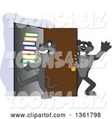 Vector Illustration of a Black Panther School Mascot Holding a Door Open for a Friend Carrying a Stack of Books, Symbolizing Compassion by Mascot Junction