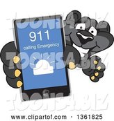 Vector Illustration of a Black Panther School Mascot Holding up a Smart Phone and Calling an Emergency Number, Symbolizing Safety by Mascot Junction