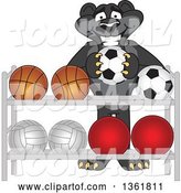 Vector Illustration of a Black Panther School Mascot Putting a Soccer Ball Back on a Rack, Symbolizing Respect by Mascot Junction