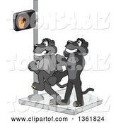 Vector Illustration of a Black Panther School Mascot Stopping Another from Using a Crosswalk at the Wrong Time, Symbolizing Safety by Mascot Junction