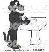 Vector Illustration of a Black Panther School Mascot Washing His Hands, Symbolizing Responsibility by Mascot Junction