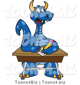 Vector Illustration of a Blue Cartoon Dragon Mascot at a School Desk by Mascot Junction