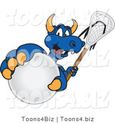 Vector Illustration of a Blue Cartoon Dragon Mascot Grabbing a Lacrosse Ball by Mascot Junction