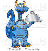 Vector Illustration of a Blue Cartoon Dragon Mascot Serving a Platter by Mascot Junction