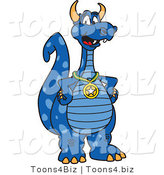 Vector Illustration of a Blue Cartoon Dragon Mascot Wearing a Sports Medal by Mascot Junction