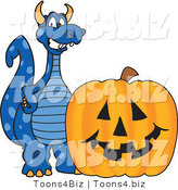 Vector Illustration of a Blue Cartoon Dragon Mascot with a Halloween Pumpkin by Mascot Junction