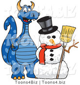 Vector Illustration of a Blue Cartoon Dragon Mascot with a Snowman by Mascot Junction