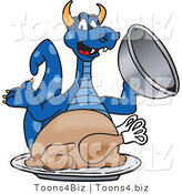 Vector Illustration of a Blue Cartoon Dragon Mascot with a Thanksgiving Turkey by Mascot Junction