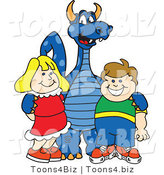 Vector Illustration of a Blue Cartoon Dragon Mascot with Students by Mascot Junction