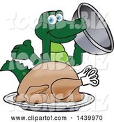 Vector Illustration of a Cartoon Alligator Mascot Serving a Thanksgiving Turkey by Mascot Junction