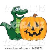 Vector Illustration of a Cartoon Alligator Mascot with a Halloween Jackolantern Pumpkin by Mascot Junction