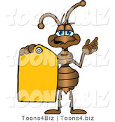 Vector Illustration of a Cartoon Ant Mascot Holding out a Yellow Sales Price Tag by Toons4Biz